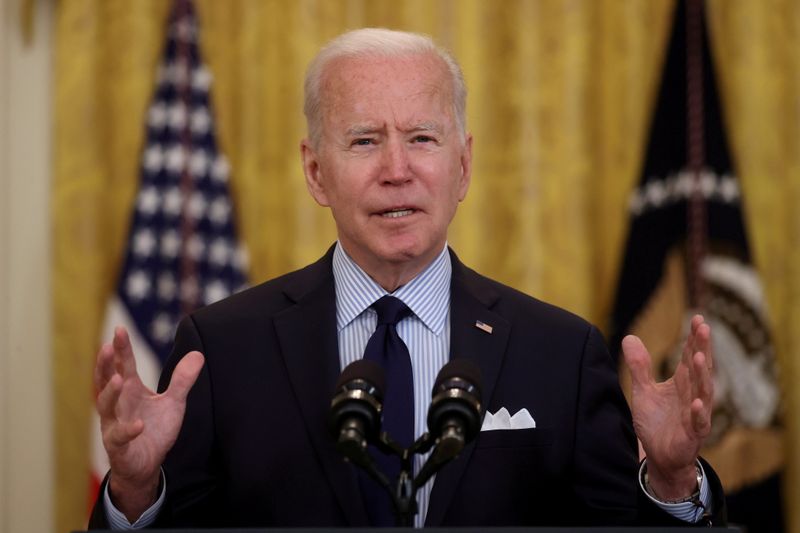 &copy; Reuters. FILE PHOTO: U.S. President Joe Biden delivers remarks on the April jobs report
