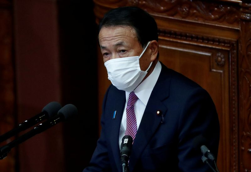&copy; Reuters. FILE PHOTO: Japan's Deputy Prime Minister and Finance Minister Taro Aso, wearing a protective face mask, delivers his policy speech at the opening of an ordinary session of the parliament in Tokyo, Japan January 18, 2021. REUTERS/Issei Kato