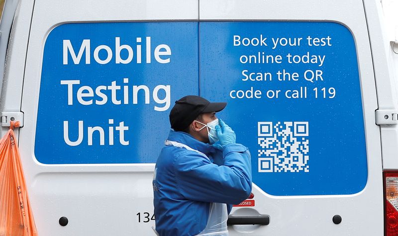 &copy; Reuters. FILE PHOTO: An NHS worker stands next to a coronavirus disease (COVID-19) mobile testing unit in Tower Hamlets, London, Britain, May 2, 2021. REUTERS/Peter Nicholls