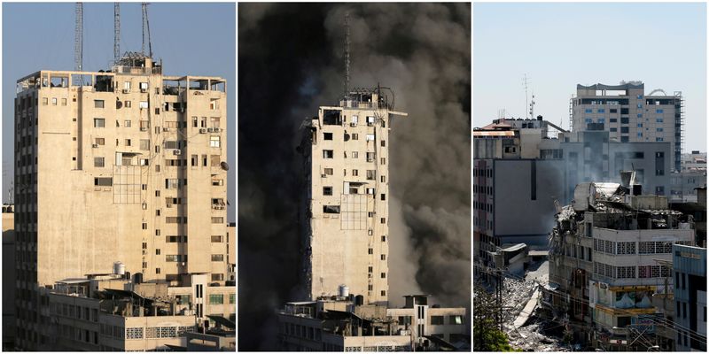 &copy; Reuters. A combination picture shows a tower building in Gaza City on May 12, 2021 (L and C) and after it was destroyed by Israeli air strikes amid a flare-up of Israeli-Palestinian violence, May 13, 2021. REUTERS/Ibraheem Abu Mustafa/Suhaib Salem   