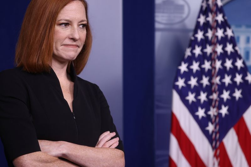 &copy; Reuters. White House Press Secretary Jen Psaki holds the daily press briefing at the White House in Washington, U.S. May 14, 2021.  REUTERS/Jonathan Ernst