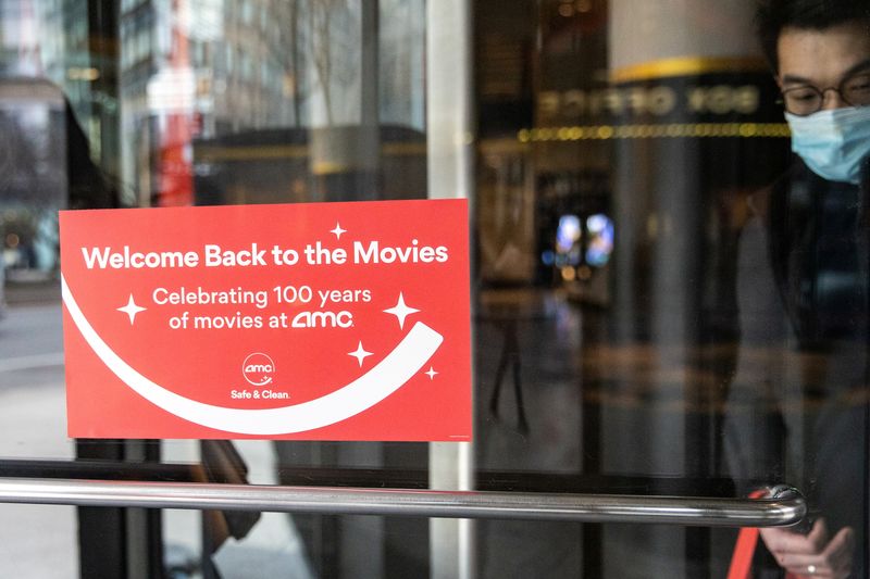 &copy; Reuters. FILE PHOTO: Welcome signage is seen outside the AMC movie theatre in Lincoln Square, amid the coronavirus disease (COVID-19) pandemic, in the Manhattan borough of New York City, New York, U.S., March 6, 2021. REUTERS/Jeenah Moon 