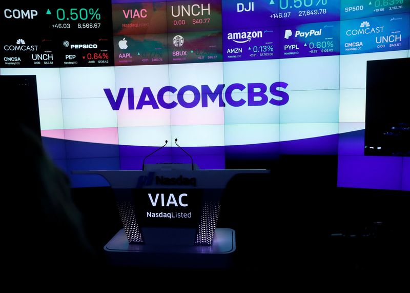 &copy; Reuters. FILE PHOTO: The ViacomCBS logo is displayed at the Nasdaq MarketSite to celebrate the company's merger, in New York, U.S., December 5, 2019. REUTERS/Brendan McDermid 