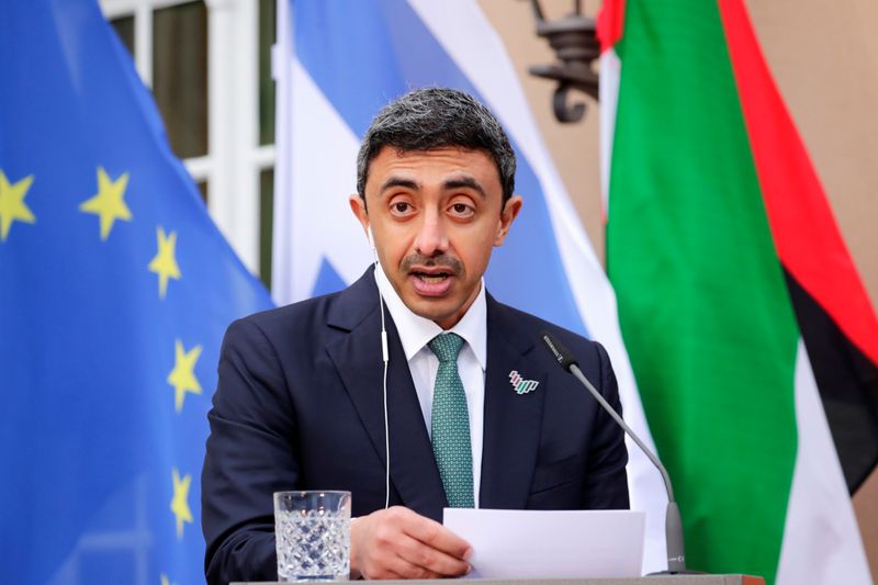 &copy; Reuters. FILE PHOTO: UAE Foreign Minister Sheikh Abdullah bin Zayed al-Nahyan speaks during a news conference with his Israeli counterpart Gabi Ashkenazi and German Foreign Minister Heiko Maas (not pictured) following their historic meeting at Villa Borsig in Berl