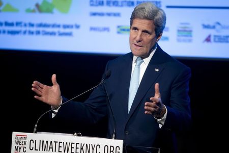 © Reuters. United States Secretary of State John Kerry speaks during a meeting for Climate Week New York at the Morgan Library in the Manhattan borough of New York