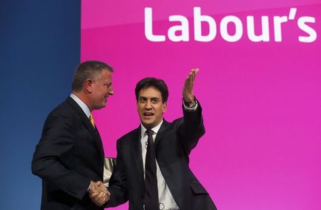 © Reuters. New York's Mayor Bill de Blasio (L) shakes hands with Ed Miliband, leader of the Britain's opposition Labour Party, after speaking at the party's conference in Manchester