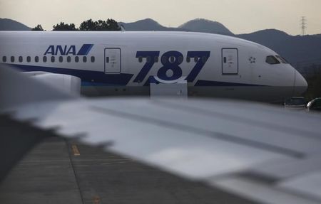 © Reuters. ANA Boeing Co's 787 Dreamliner aircraft which made an emergency landing, is seen through a window of the ANA's Airbus A320 jet in Takamatsu
