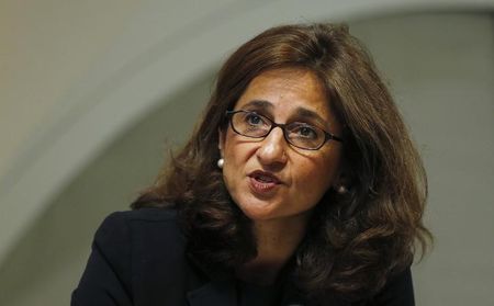 © Reuters. Bank of England Deputy GovernorMinouche Shafik speaks during the bank's quarterly inflation report news conference at the Bank of England in London