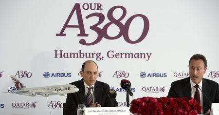 © Reuters. Al Baker CEO of Qatar Airways Group and Bregier CEO of Airbus address the media during delivery ceremony at Airbus headquarters in Hamburg-Finkenwerder