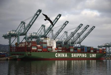 © Reuters. Bird flies past a container ship belonging to China Shipping Container Lines at the Port of Los Angeles in San Pedro