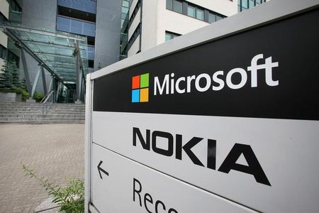 © Reuters. A view of Microsoft and Nokia signs in Peltola, Oulu