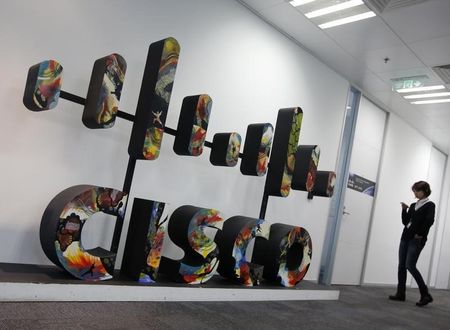 © Reuters. A Cisco logo is seen at its customer briefing centre in Beijing