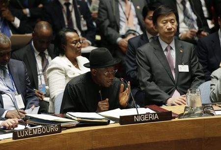 © Reuters. Nigeria's President Goodluck Jonathan addresses the United Nations Security Council at the 69th United Nations General Assembly in New York
