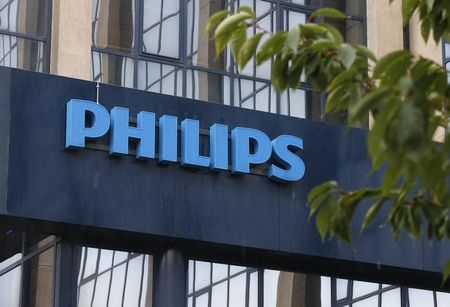 © Reuters. The logo of Philips is seen at the company's entrance in Brussels