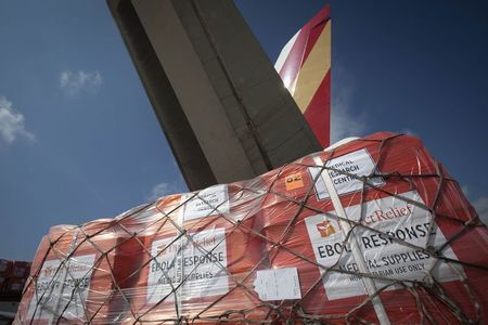 © Reuters. Pallets of supplies wait to be loaded on a 747 aircraft at New York's JFK International Airport