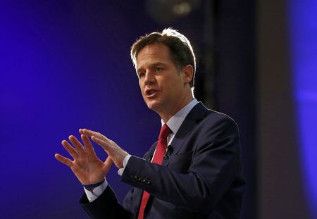 © Reuters. Britain's Deputy Prime Minister and leader of the Liberal Democrats Nick Clegg delivers his keynote speech at the party's autumn conference in Glasgow