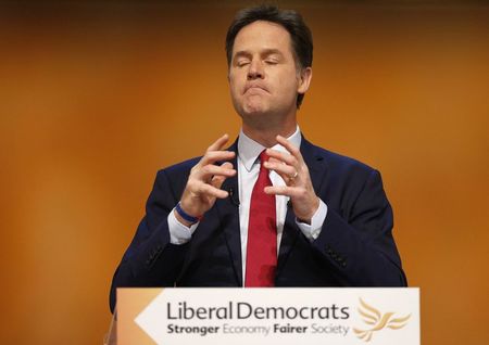 © Reuters. Britain's Deputy Prime Minister, and leader of the Liberal Democrats, Nick Clegg delivers his keynote speech at the party's autumn conference in Glasgow