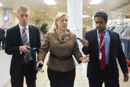 © Reuters. File photo of Senator Landrieu speaking to reporters after the Democratic weekly policy luncheon on Capitol Hill