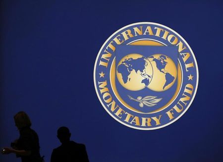 © Reuters. Visitors are silhouetted against the logo of the International Monetary Fund (IMF) in Tokyo