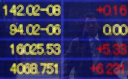 © Reuters. A pedestrian is reflected in an electronic board showing exchange rates, the Dow Jones industrial average and the Nasdaq outside a brokerage in Tokyo