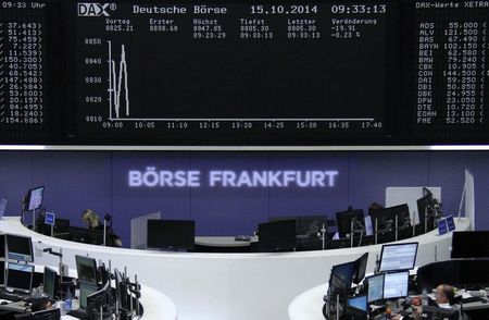 © Reuters. Traders are pictured at their desks in front of the DAX board at the Frankfurt stock exchange