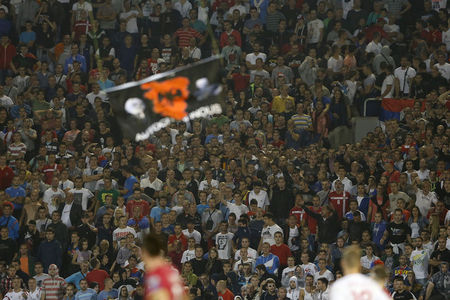 © Reuters. Fans of Serbia react as a flag depicting so-called Greater Albania is flown over the pitch during their Euro 2016 Group I qualifying soccer match against Albania at the FK Partizan stadium in Belgrade 