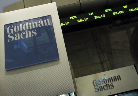 © Reuters. A Goldman Sachs sign is seen over their kiosk on the floor of the New York Stock Exchange