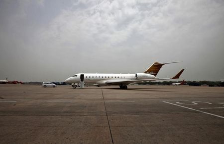 © Reuters. The Bombardier?s Global 6000 business jet stands on the tarmac at the airport in New Delhi