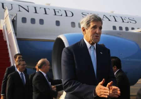 © Reuters. United States Secretary of State John Kerry arrives at the airport in Jakarta