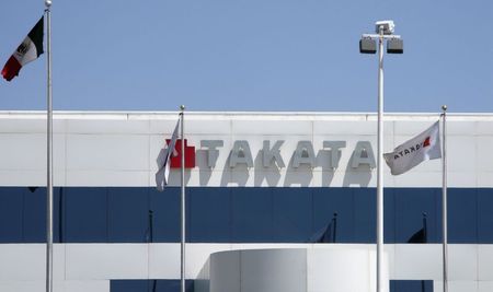 © Reuters. File photo of the Takata logo at its factory near Monclova