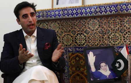 © Reuters. Pakistan Peoples Party Chairman Bilawal Bhutto Zardari speaks during an interview with Reuters in Naudero