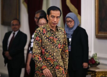 © Reuters. New Indonesian President Joko Widodo walks inside the presidential palace in Jakarta