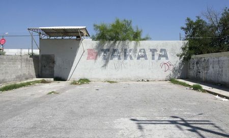 © Reuters. File photo of Takata logo at its former factory near Monclova