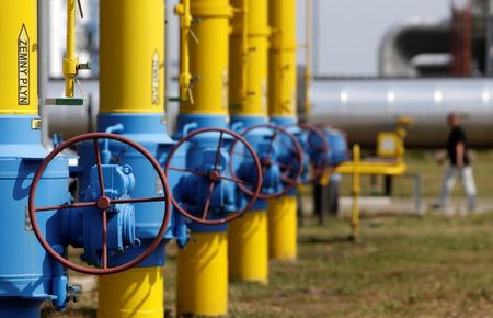 © Reuters. Valves and pipelines are seen at a gas compressor station in Velke Kapusany