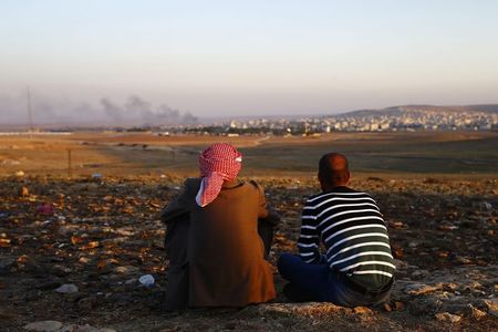 © Reuters. Turkish Kurds watch as smoke rises over the Syrian town of Kobani from a hill near the Mursitpinar border crossing, on the Turkish-Syrian border in the southeastern town of Suruc
