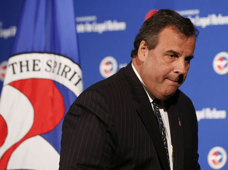 © Reuters. New Jersey Governor Christie walks out after making remarks at a legal reform awards luncheon at the U.S. Chamber of Commerce in Washington