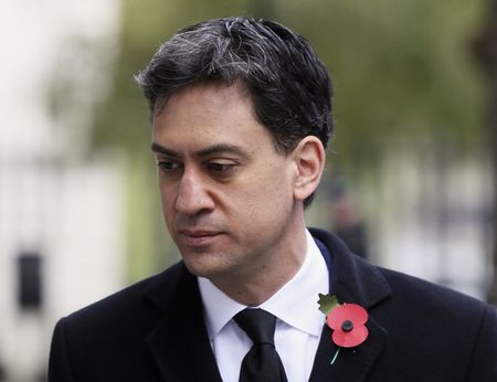 © Reuters. Britain's leader of the opposition Labour Party Ed Miliband walks to the Remembrance Sunday service at the Cenotaph in central London