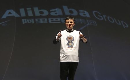 © Reuters. Alibaba Group Executive Chairman Ma gestures as he gives a speech at a staff meeting ahead of the annual "Singles' Day" online shopping day, also known as the "Double Eleven Day" as it falls on November 11, at the company headquarters in Hangzhou