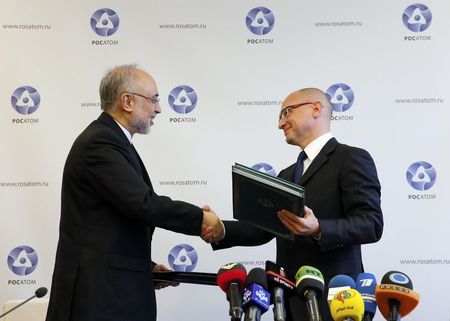 © Reuters. Kiriyenko, head of the Russian state nuclear monopoly Rosatom, and head of Iran's Atomic Energy Organisation Salehi shake hands during a signing ceremony in Moscow