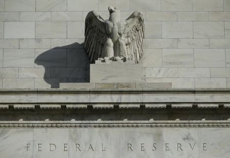 © Reuters. Detail from the front of the United States Federal Reserve Board building is shown in Washington