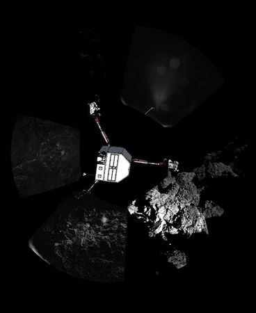 © Reuters. ESA handout image shows a panoramic image of the surface of Comet 67P/Churyumov–Gerasimenko with a sketch of the lander in the configuration the lander team currently believe it is in superimposed on top