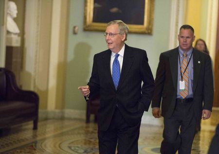 © Reuters. Senate Minority Leader McConnell arrives at his office before a closed conference meeting to conduct leadership elections for the next Congress on Capitol Hill in Washington