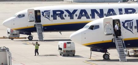 © Reuters. Ryanair planes are seen parked at Girona airport