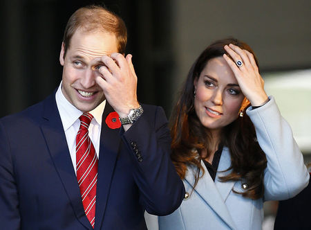 © Reuters. Britain's Catherine, Duchess of Cambridge and her husband Prince William exit a fire station during a visit to the Valero Pembroke Refinery in south Wales