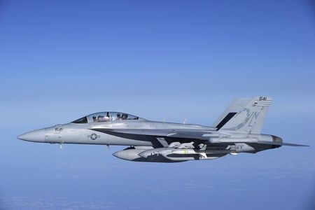 © Reuters. A U.S. Navy EA-18G Growler carrier-based electronic warfare jet from the Electronic Attack Squadron "Scorpions" flies over the Mediterranean Sea near Trapani