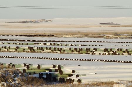 © Reuters. A depot used to store pipes for Transcanada Corp's planned Keystone XL oil pipeline is seen in Gascoyne North Dakota