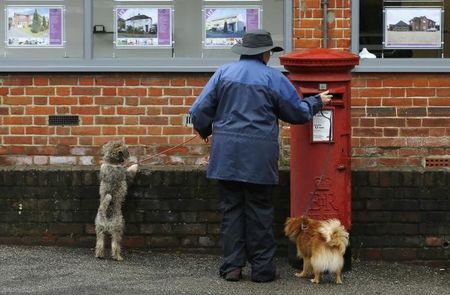 © Reuters. A dog walker posts a letter in a Royal Mail post box in Maybury near Woking in southern England