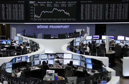© Reuters. Bolsas europeas terminan con leve caída a la espera de minutas de la FED