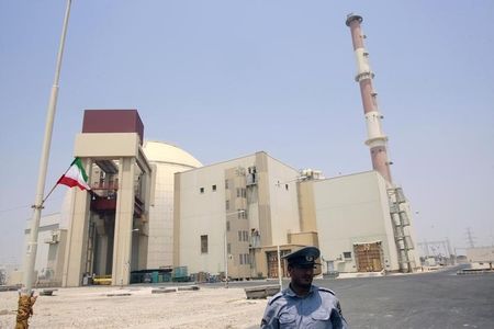 © Reuters. A security official stands in front of the Bushehr nuclear reactor