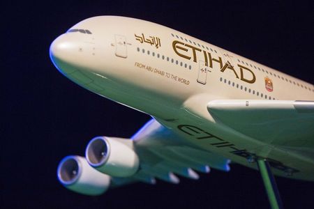 © Reuters. A model Etihad Airways plane is seen before the unveiling of New York City FC's new home jersey in New York